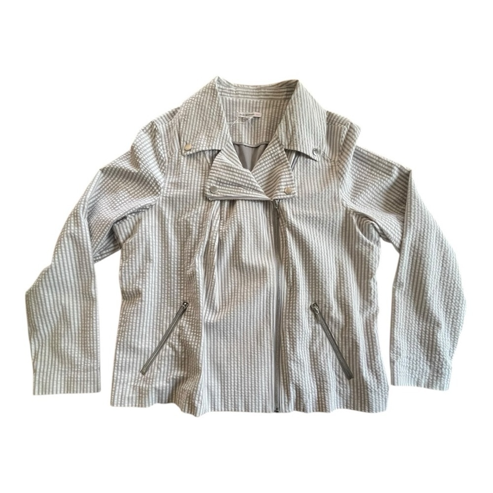 Isaac Mizrahi Live! Bold edgy Seersucker Motorcycle Jacket Gray White Lined 18W - Picture 6 of 10